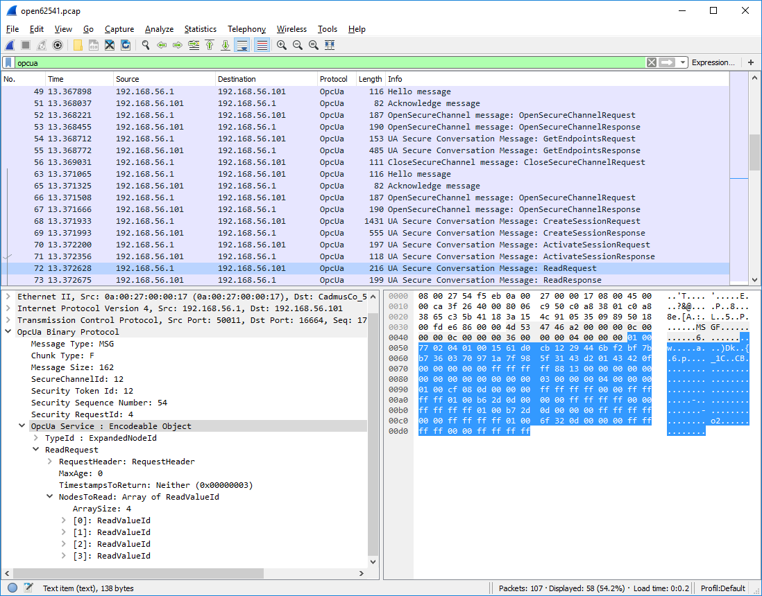 OPC UA conversation in Wireshark